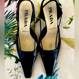 Vintage Prada black leather slingback kitten heels